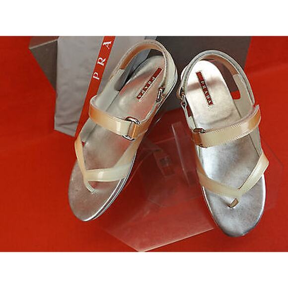 PRADA PATENT OMBRE LEATHER FLATS TWO TONES GLADIATOR LOGO THONG SANDALS 37.5 - Picture 9 of 12